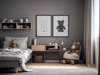 Playful design in a grey-themed child room. AI Generation.