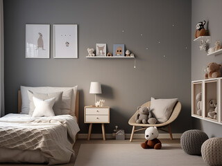 Welcoming grey child room with functional furniture. AI Generation.
