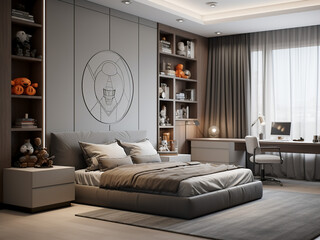 Minimalist design for a stylish grey child room. AI Generation.