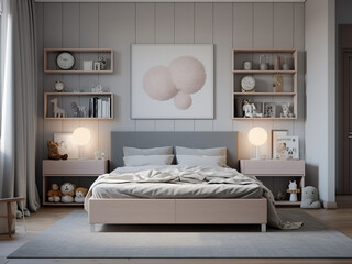 Tranquil grey child room with cozy furniture. AI Generation.