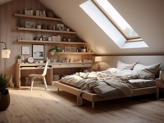 Loft child room with functional furniture and design. AI Generation.