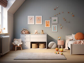 Trendy interior for a kid's room design. AI Generation.