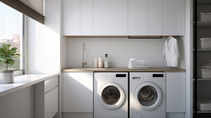 Laundry space with neutral tones.