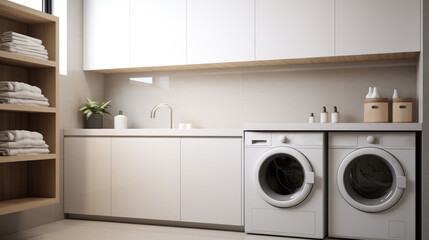 Modern laundry room with bright lighting and contemporary appliances.