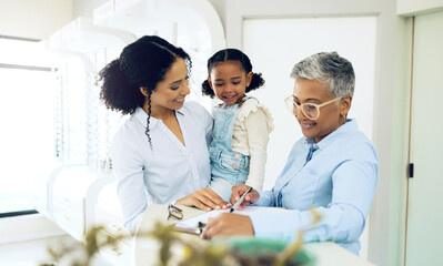 Child, mother or optometrist writing eye care info for vision, medical results or history in...