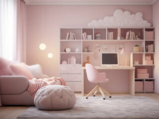 Stylish design for a pink child room with cozy furniture. AI Generation.