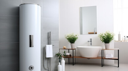 Interior of the room with modern water heater. Bathroom Water boiler for home, alternative water heating for private homes.