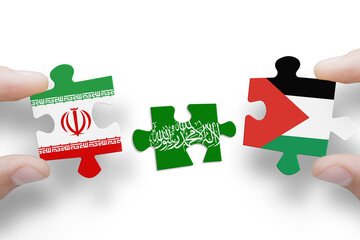 Puzzle made from flags of Iran, Hamas and Palestine. Gaza and Israel conflict. Terrorist...