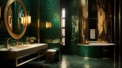 A bathroom with emerald green tiles complemented by gold fixtures and mirrors. - Powered by Adobe