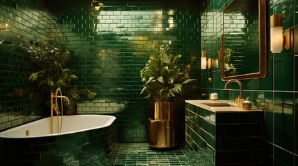A bathroom with emerald green tiles complemented by gold fixtures and mirrors.
