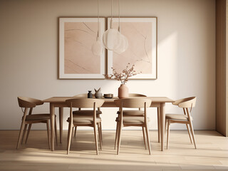 Relaxed beige dining room, well-designed furniture layout. AI Generation.