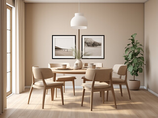 Chic beige dining room adorned with tasteful furniture. AI Generation.