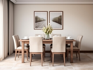 Stylish beige dining room, inviting furniture choices. AI Generation.