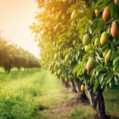 Verger luxuriant avec des arbres fruitiers mûrs, offrant une variété de délicieux fruits tels que les oranges, les citrons, les olives et les pommes, reflétant la générosité de la nature en été