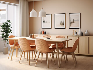 Cozy beige dining room, tasteful furniture selection. AI Generation.