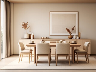 Classic beige dining space, comfortable furniture arrangement. AI Generation.