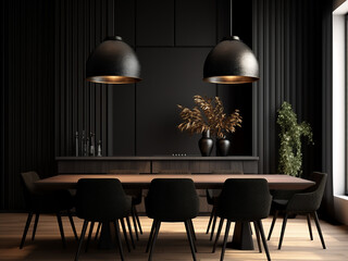 Elegant black dining room with sleek furniture. AI Generation.