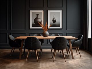 Stylish furniture completes the look of the black dining room. AI Generation.