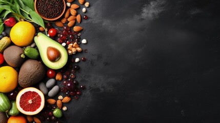 Superfoods on black stone background. Organic food and healthy vegan food. Legumes, nuts, seeds, fruit and vegetables. Top view copy space.