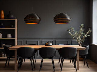 Aesthetic interior design complements the black dining room's furniture. AI Generation.