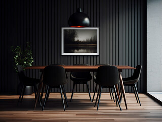 Furniture accents the contemporary design of the black dining room. AI Generation.