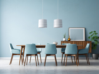 Inviting blue dining room with cozy furniture. AI Generation.