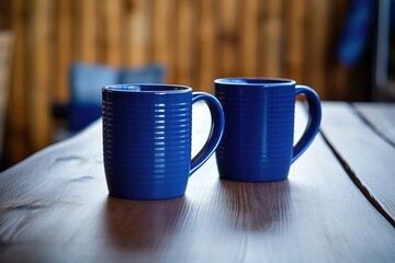 matching coffee mugs separated by a table