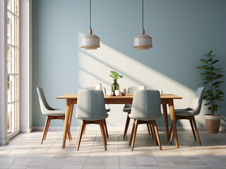 Fototapeta na wymiar Welcoming design in a calming blue dining room. AI Generation.