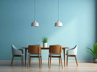 Relaxing design for a charming blue dining room. AI Generation.
