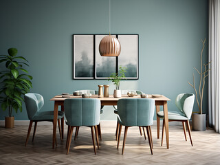 Contemporary furniture in a striking blue dining room. AI Generation.