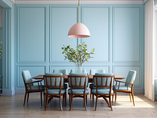 Stylish interior showcasing a blue dining room design. AI Generation.