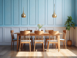 Vibrant blue dining room featuring elegant furniture. AI Generation.