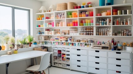 A craft room organized with colorful bins and containers against bright white shelves.