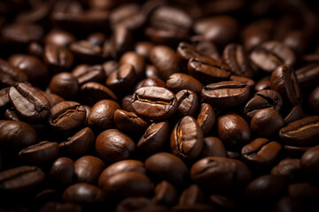 Macro view of roasted coffee beans in soft warm light