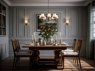 Fototapeta na wymiar Elegant classic dining room with exquisite furniture. AI Generation.