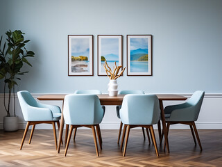 Bold furniture choices for the blue dining room. AI Generation.