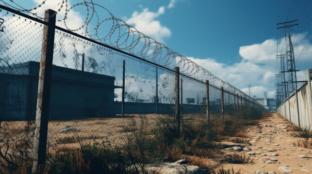 Fencing of secure facilities. Barbed wire on the fence of the secure facility.