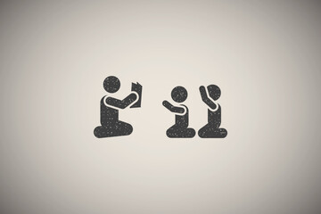 Teacher, children, lesson, book, study icon vector illustration in stamp style