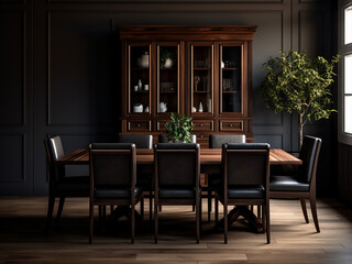 Obraz premium Refined furniture complements dark wood interior. AI Generation.