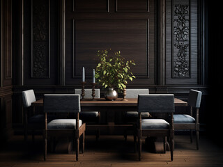 Welcoming dining space with rich dark wood. AI Generation.