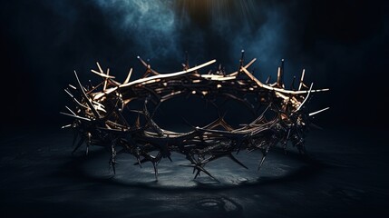 the crown of thorns of Jesus on black background against window light with copy space, can be used for Christian background, Easter concept - obrazy, fototapety, plakaty