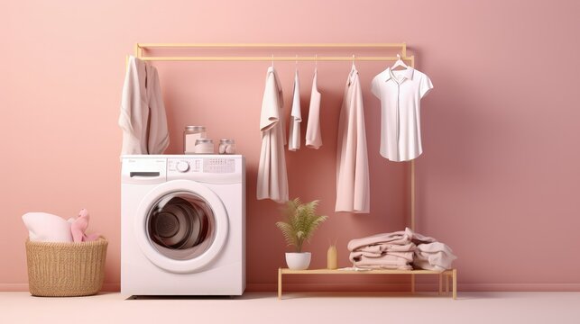 Washing machine and minimalist rail with clothes on hangers, dresses and t-shirts on copy space beige background. Concept of laundry service. 3D rendering illustration