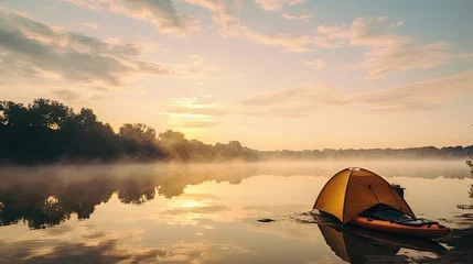 Foto op Plexiglas Early morning on the river with fog. Scenic colourful sunrise over river in Belarus. Beautiful morning landscape with camping tent and kayak on the river at sunrise © HN Works