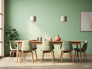 Comfortable green dining room featuring chic furniture. AI Generation.