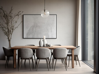 Contemporary dinner space in a calming grey dining room. AI Generation.