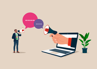 Discussing work in meeting with speech bubbles. Flat vector illustration