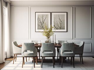Grey dining room highlighted by sophisticated furniture. AI Generation.