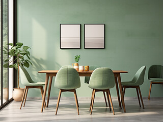 Green dining room with carefully curated furniture. AI Generation.