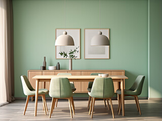 Green dining area complemented by stylish furniture. AI Generation.