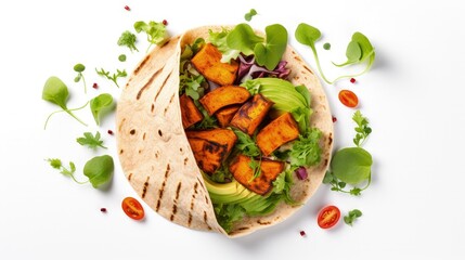 Open vegan tortilla wraps with sweet potato, beans, avocado, tomatoes, pumpkin and seedlings on a...